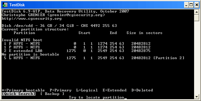 TestDisk partition analysis screen showing current partition layout