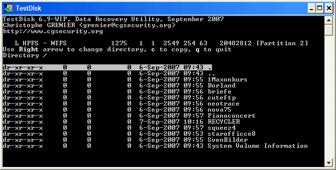 TestDisk file listing showing recoverable files and directories