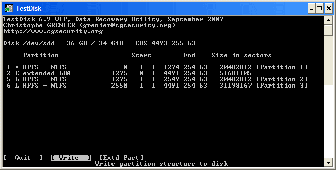 TestDisk write partition table confirmation screen